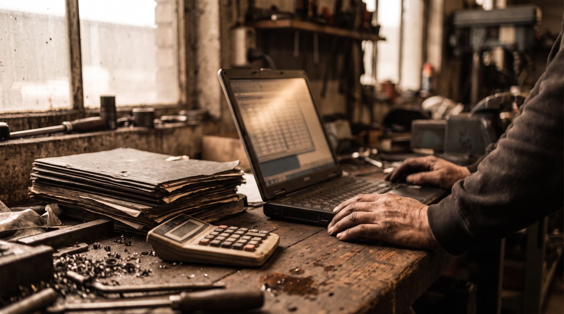 Una laptop con una hoja de costeo junto a un montón de boletas de papel y una calculadora