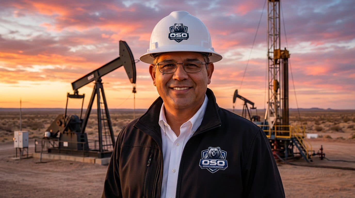 Daniel Sanchez at a Permian Basin wellsite at sunset