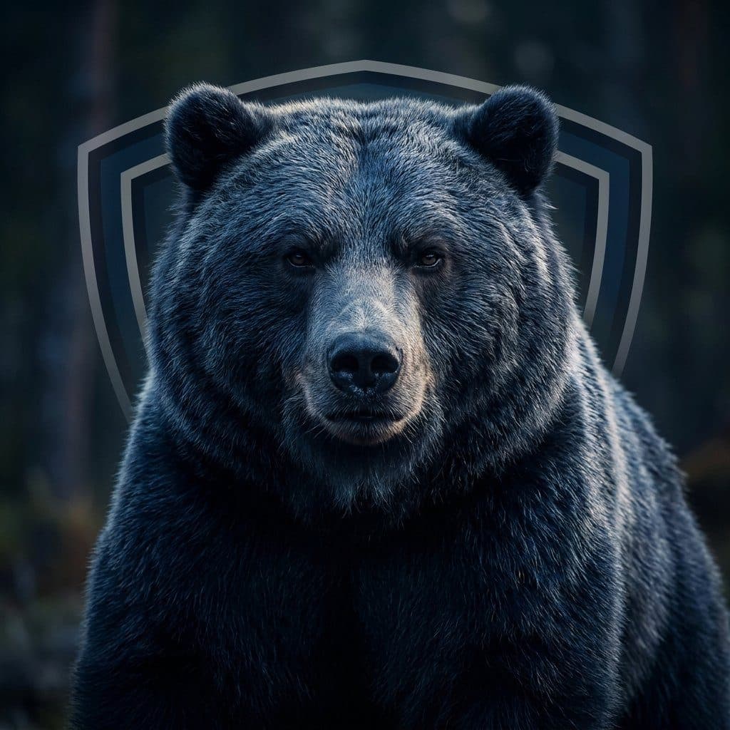 The OSO grizzly in front of the shield