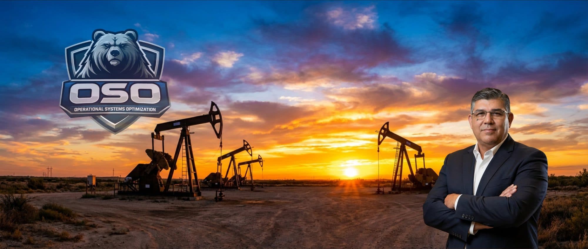 OSO shield over a West Texas pumpjack horizon at sunset