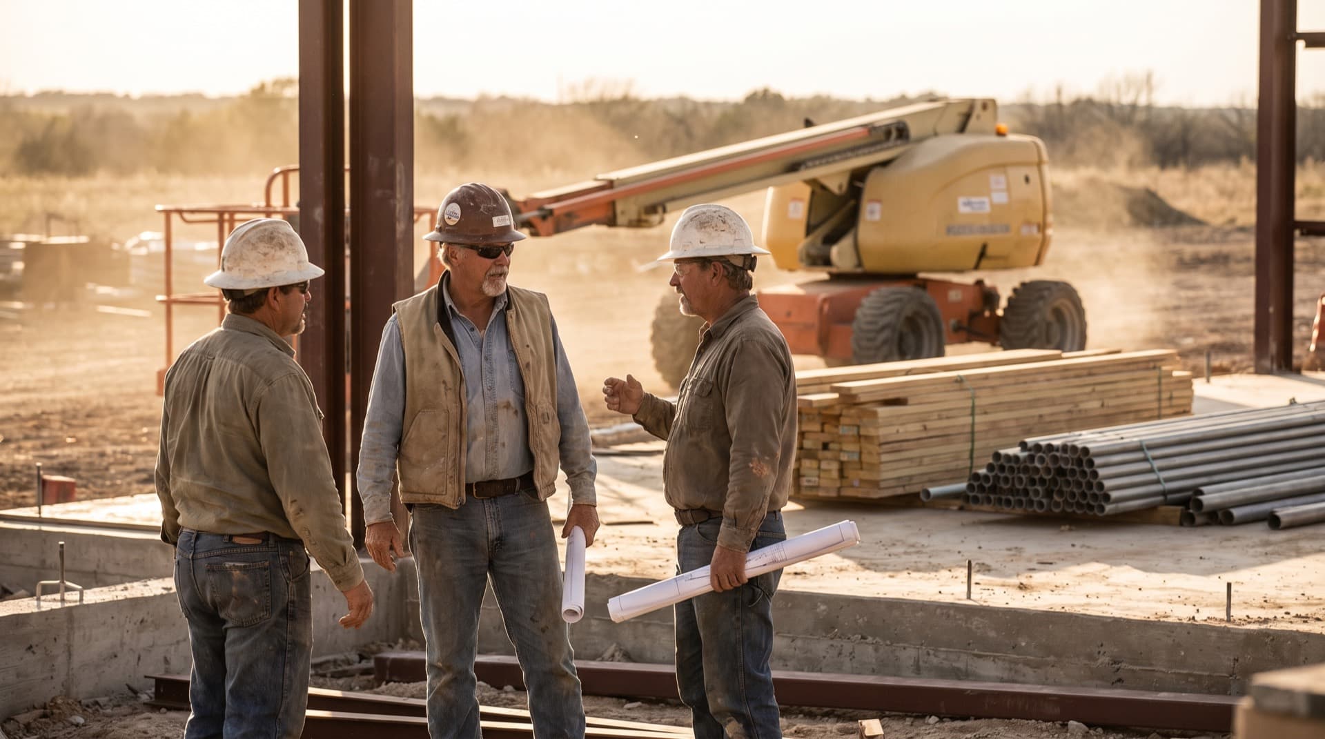 A foreman reviewing plans with subcontractors on an active commercial job site