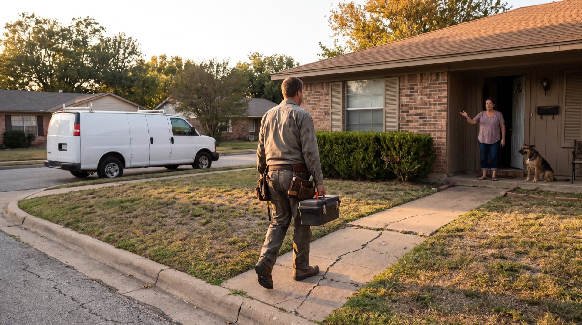 A service technician arriving at a Texas home with tools, work van at the curb