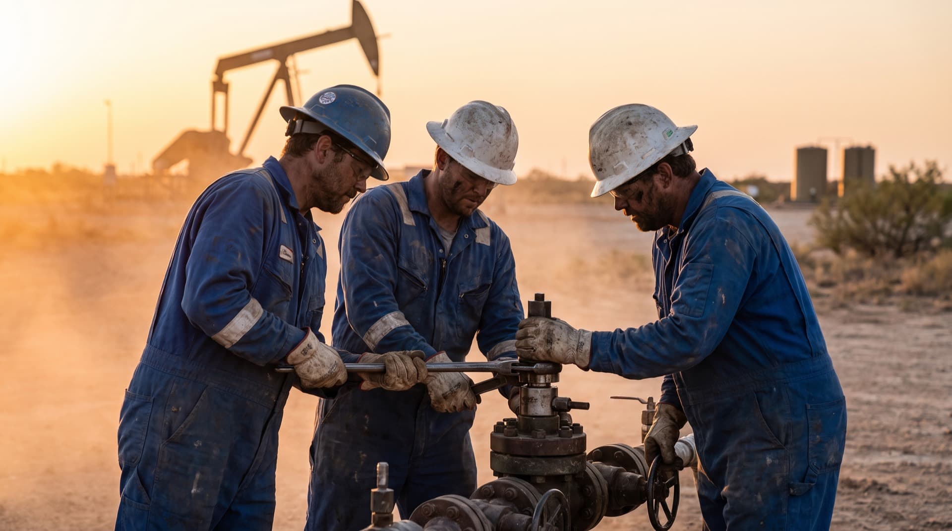 An oilfield service crew working a wellhead on a Permian Basin pad at sunset