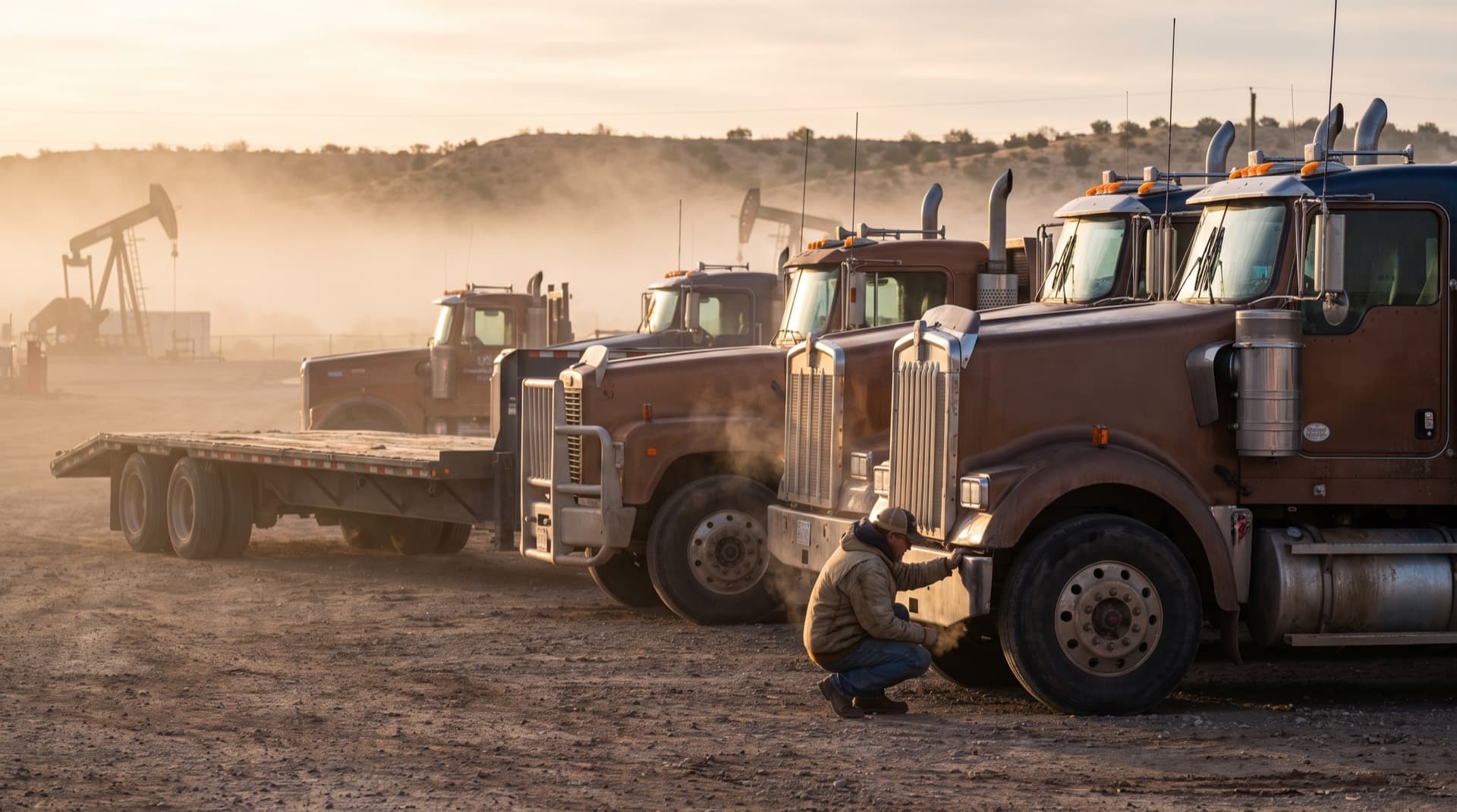 A driver running a pre-trip inspection on a line of trucks in a dirt yard at dawn