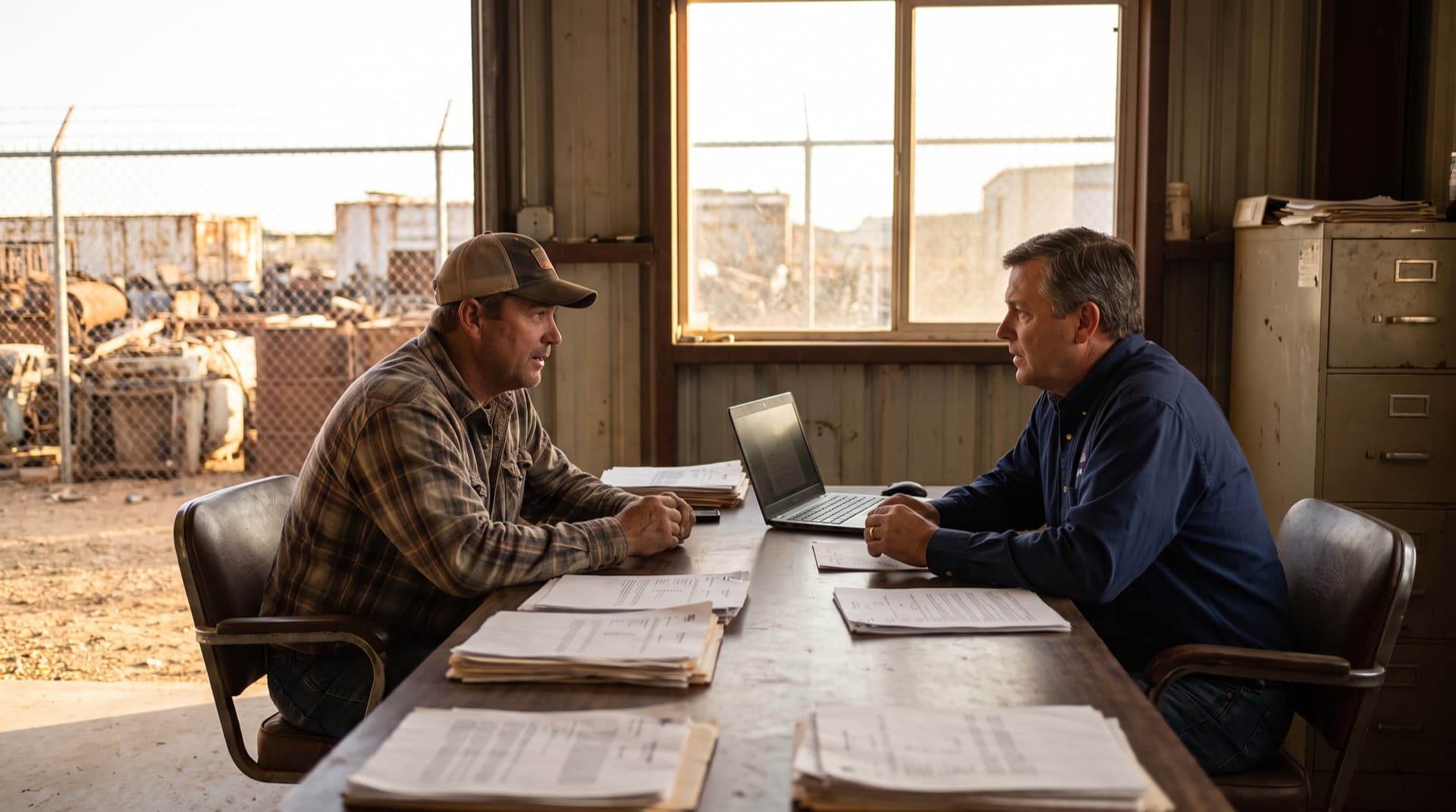 An owner and an OSO consultant working through operational reports in a shop office