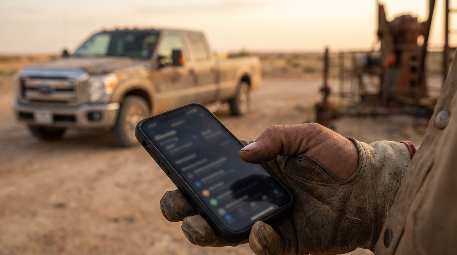 A gloved hand holding a phone showing a contractor website, work truck and wellsite behind