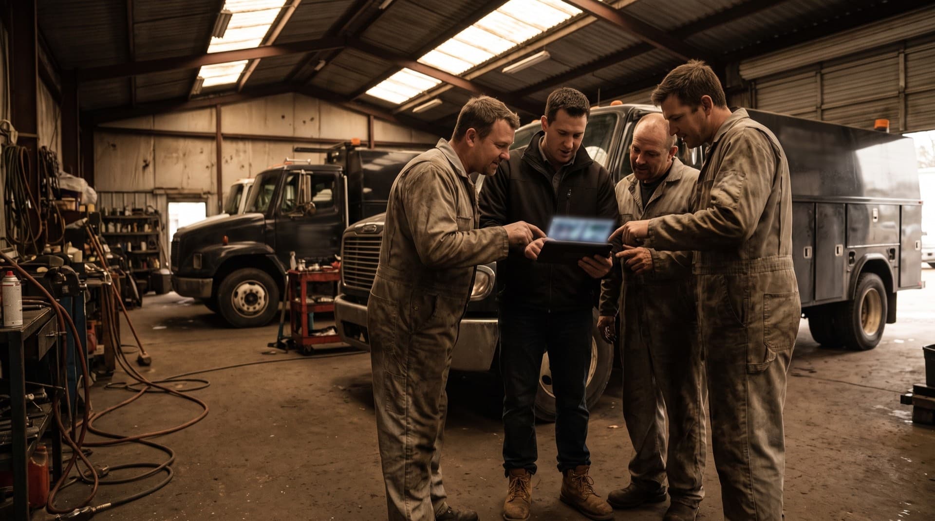 A consultant walking a crew through a new workflow on a tablet in the shop bay
