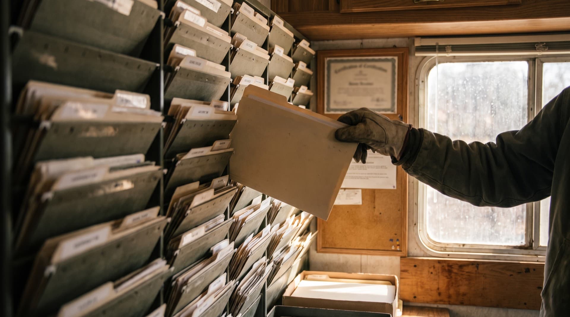 An organized wall of labeled files in a field office, one being pulled quickly