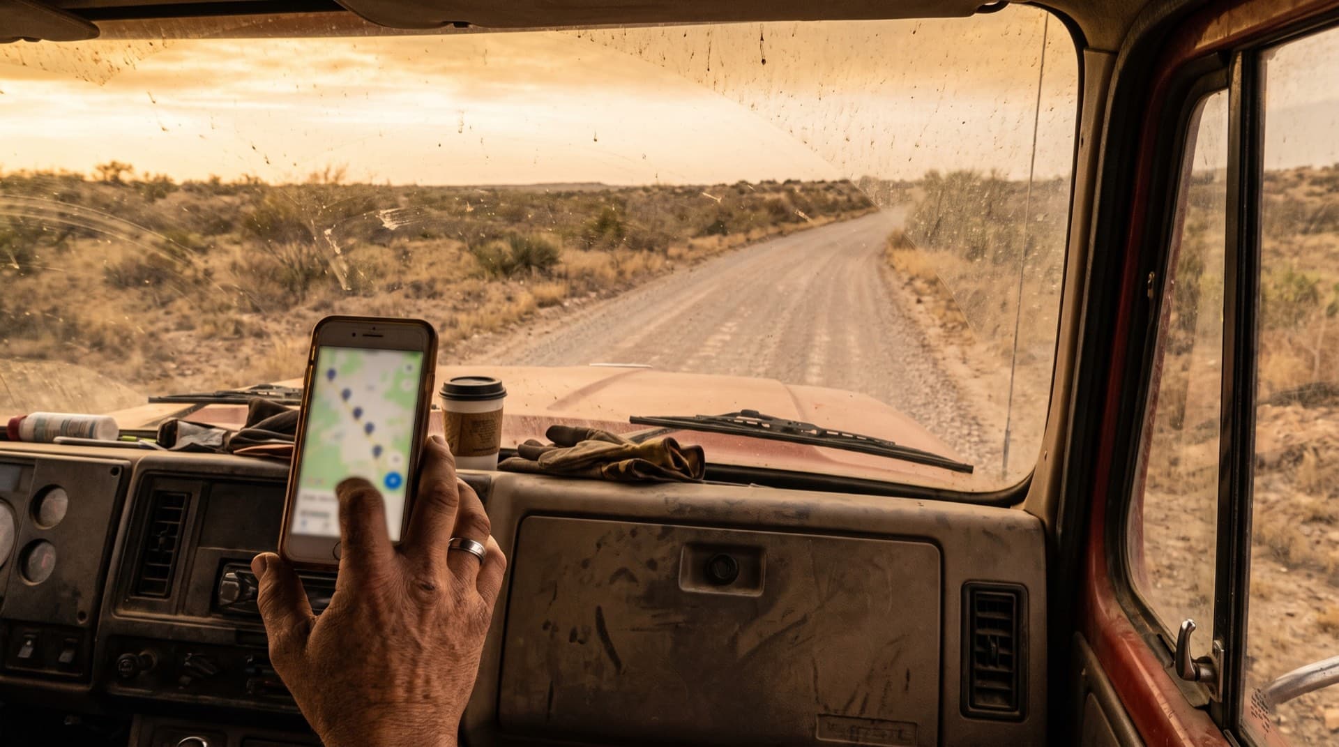 A phone showing a map with location pins, held in a truck cab on a lease road
