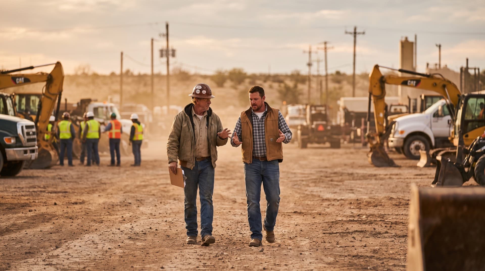 A consultant walking a working equipment yard alongside the owner, reviewing the operation