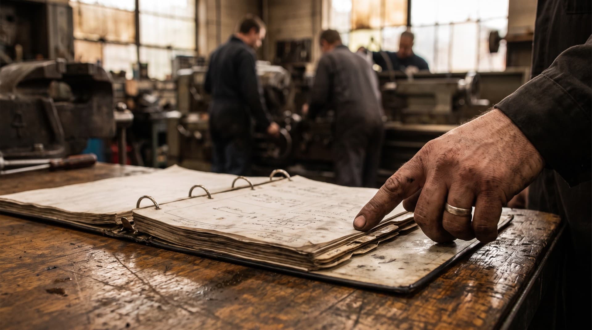 A tabbed procedure binder open on a shop workbench with a hand pointing to a step