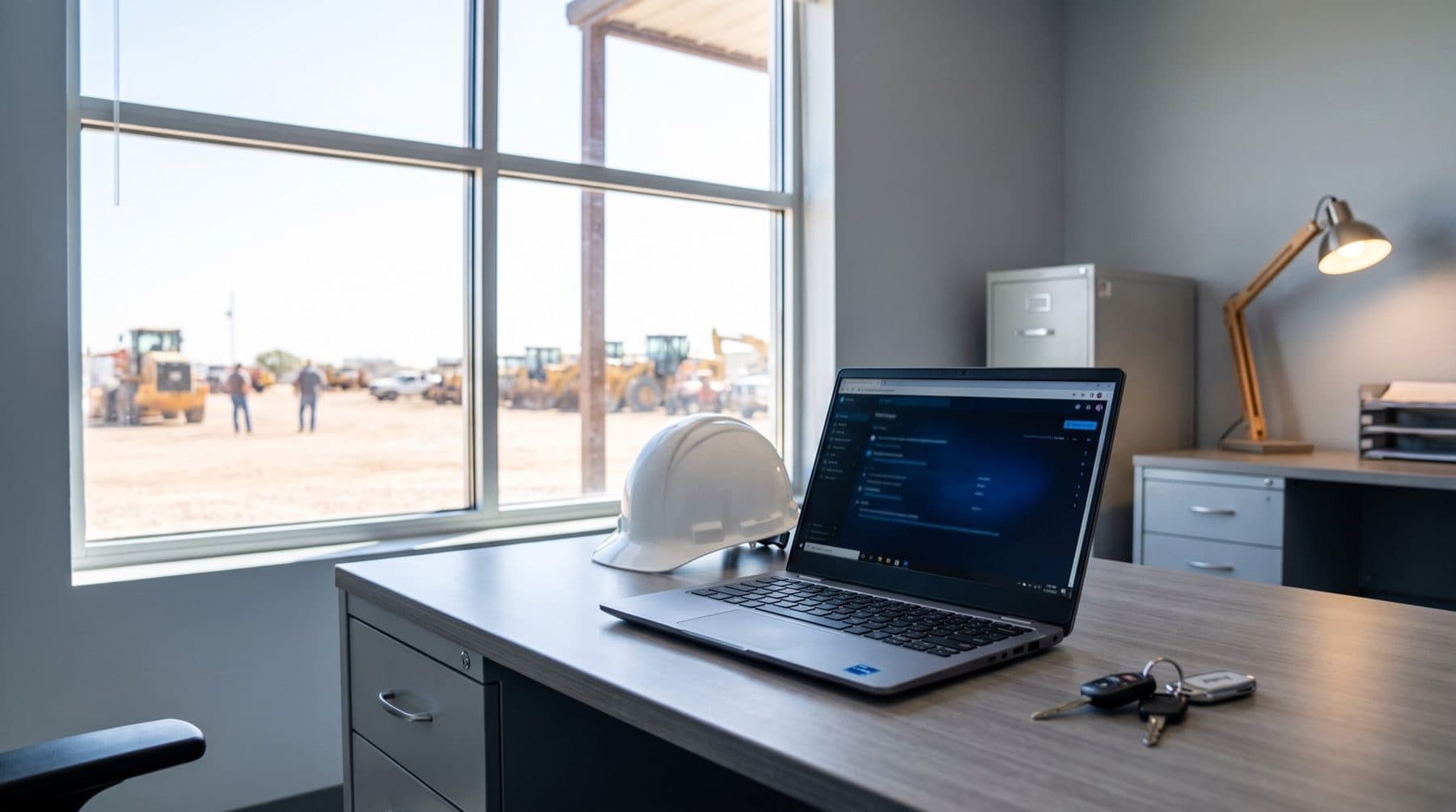 A laptop showing a contractor website on a clean office desk, equipment yard visible through the window